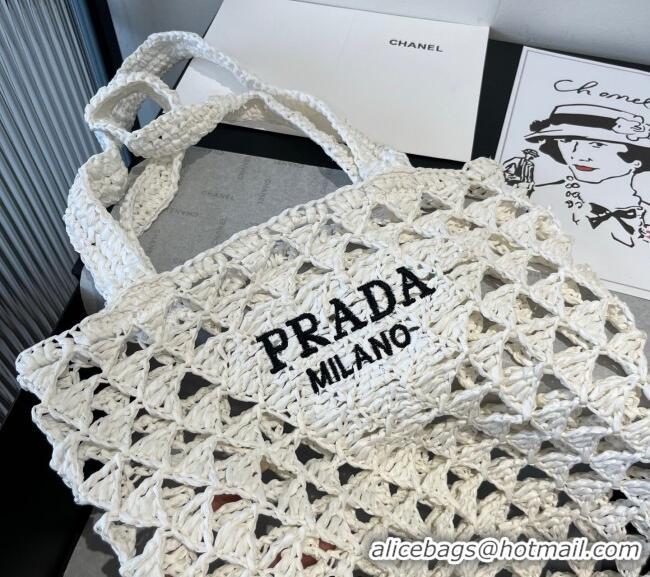 Buy Fashionable Prada Crochet Bucket Straw Bag 0311 White 2025