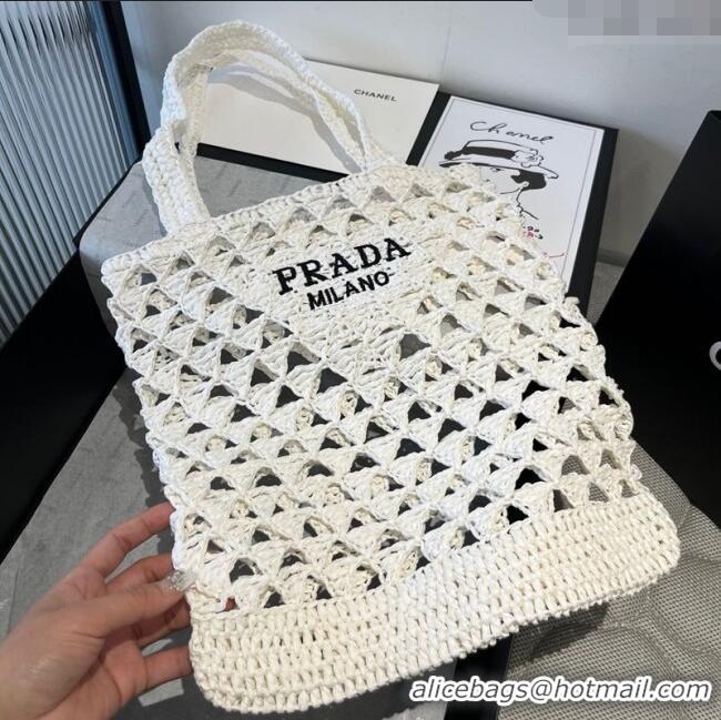 Buy Fashionable Prada Crochet Bucket Straw Bag 0311 White 2025