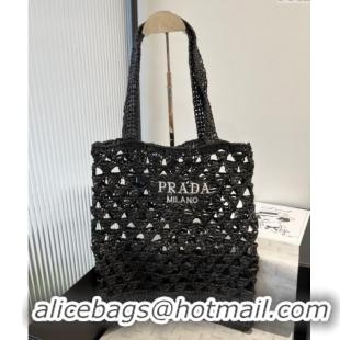 New Fashion Prada Crochet Bucket Straw Bag 0311 Black 2025