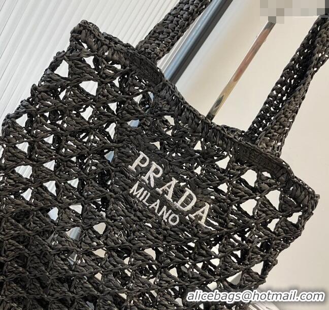 New Fashion Prada Crochet Bucket Straw Bag 0311 Black 2025