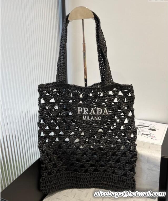 New Fashion Prada Crochet Bucket Straw Bag 0311 Black 2025