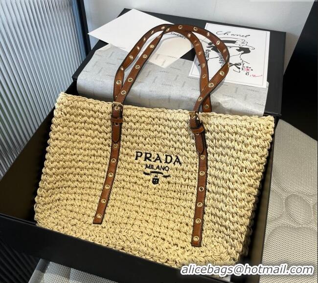 Top Grade Prada Tote Straw Bag with Buckle Strap 0311 Beige 2025