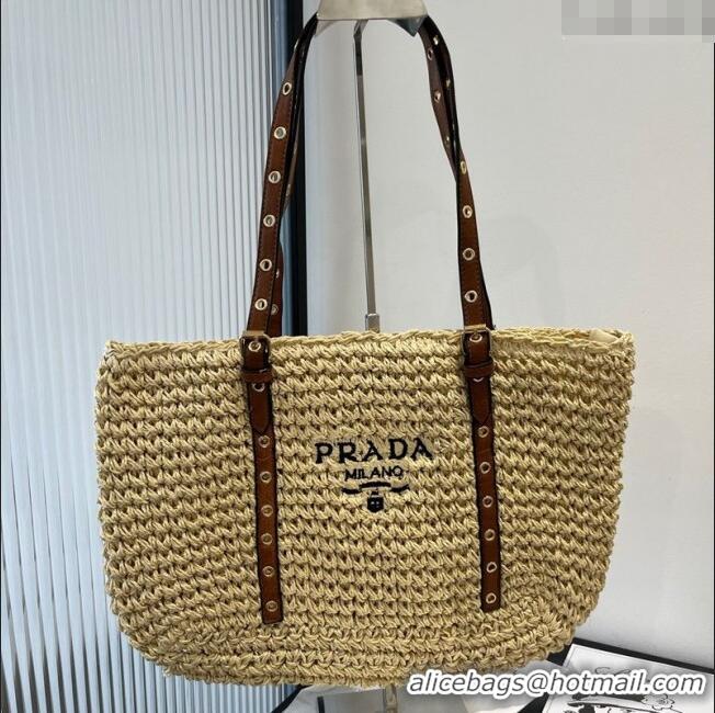 Top Grade Prada Tote Straw Bag with Buckle Strap 0311 Beige 2025