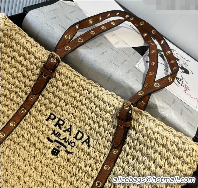 Top Grade Prada Tote Straw Bag with Buckle Strap 0311 Beige 2025