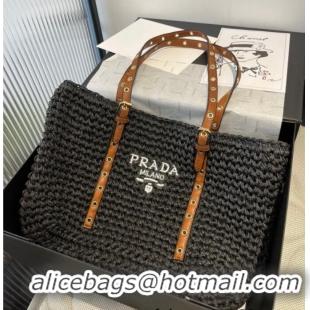 Well Crafted Prada Tote Straw Bag with Buckle Strap 0311 Black 2025