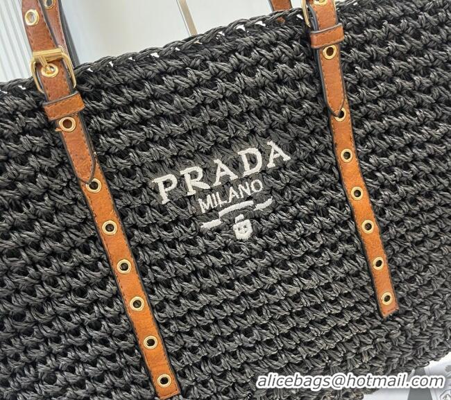 Well Crafted Prada Tote Straw Bag with Buckle Strap 0311 Black 2025