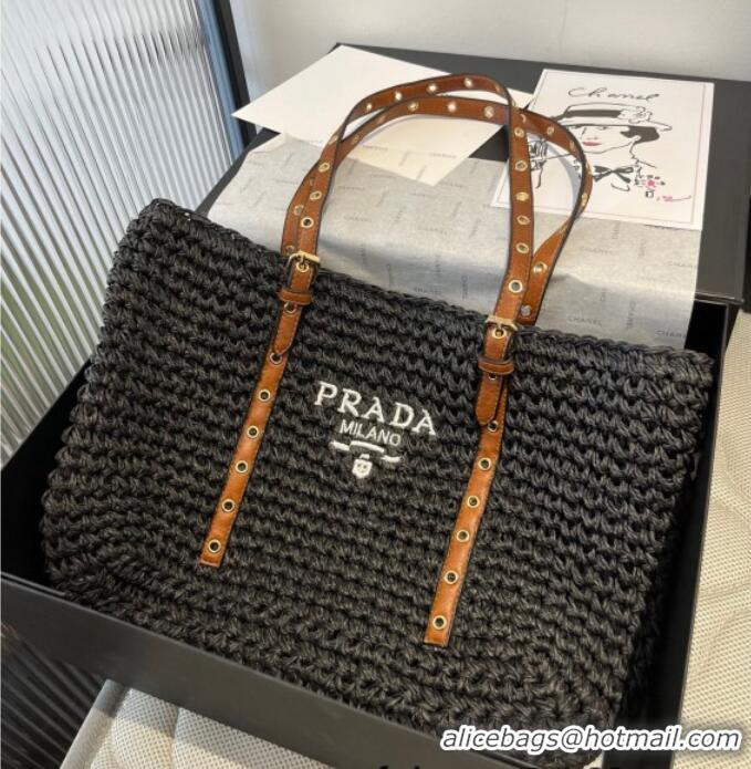 Well Crafted Prada Tote Straw Bag with Buckle Strap 0311 Black 2025