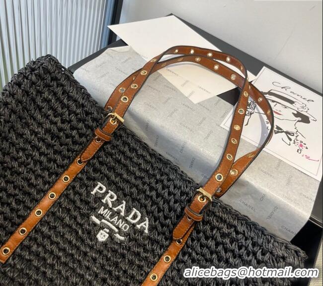 Well Crafted Prada Tote Straw Bag with Buckle Strap 0311 Black 2025