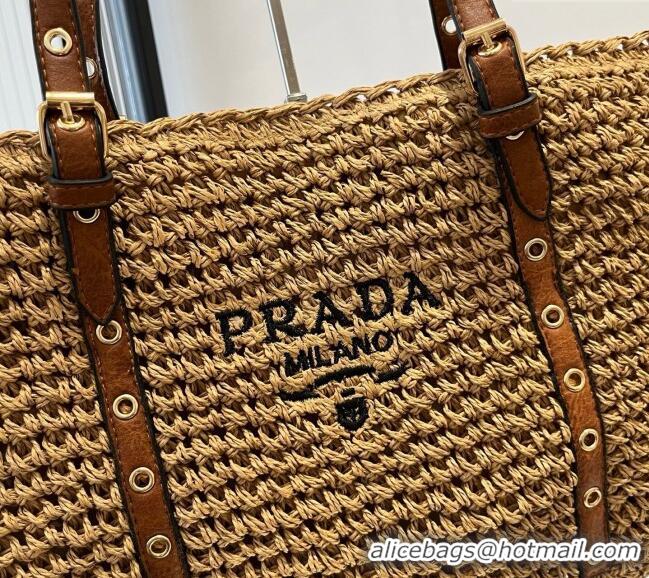 Good Looking Prada Tote Straw Bag with Buckle Strap 0311 Khaki 2025