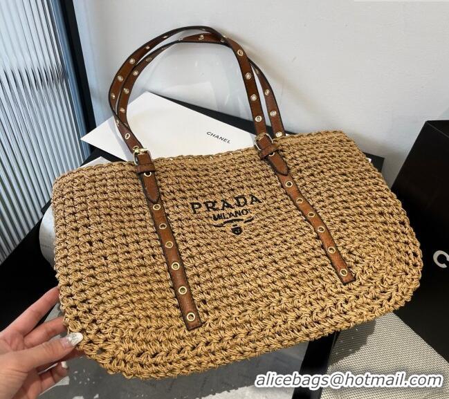 Good Looking Prada Tote Straw Bag with Buckle Strap 0311 Khaki 2025