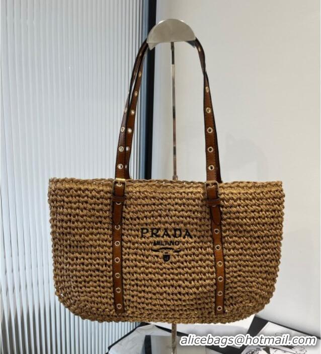 Good Looking Prada Tote Straw Bag with Buckle Strap 0311 Khaki 2025