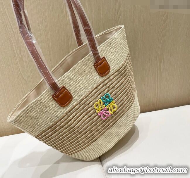 Famous Brand Loewe Striped Straw Basket Bag 0312 Beige 2025