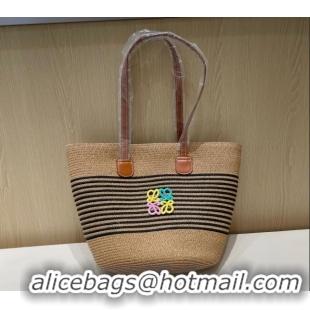 Top Grade Loewe Striped Straw Basket Bag 0312 Khaki 2025