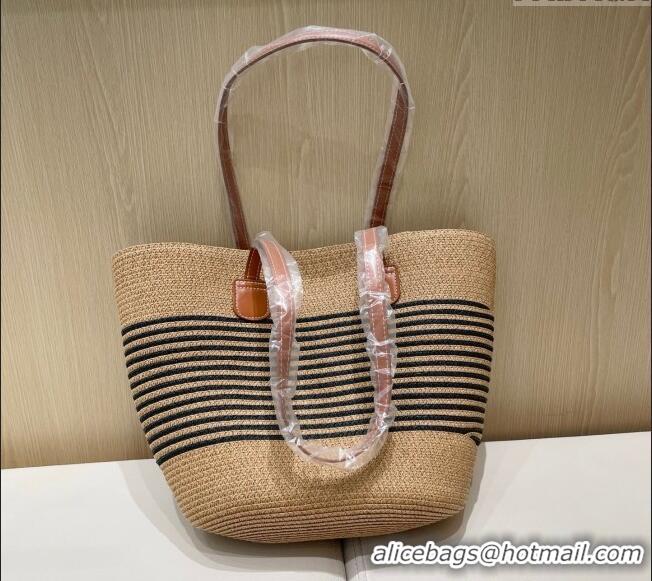 Top Grade Loewe Striped Straw Basket Bag 0312 Khaki 2025