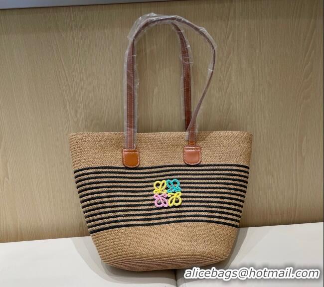 Top Grade Loewe Striped Straw Basket Bag 0312 Khaki 2025