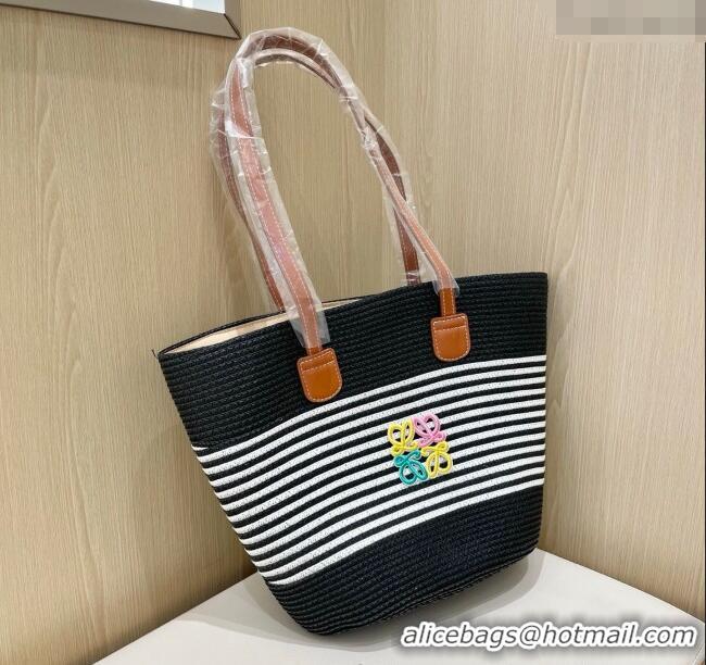 Well Crafted Loewe Striped Straw Basket Bag 0312 Black 2025