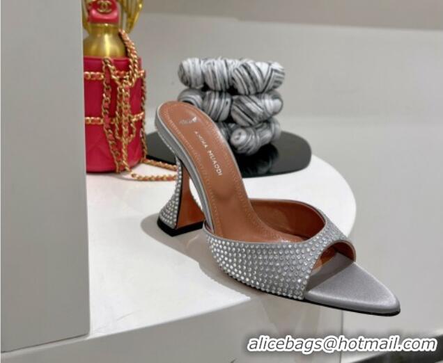 Luxury Discount Amina Muaddi Caroline Crystal Heeled Slide Sandals in Satin 9.5cm Light Grey 0219065