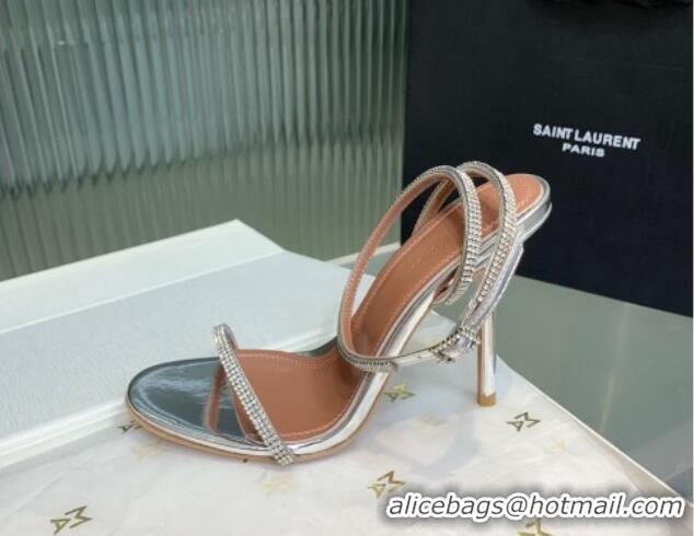 Lower Price Amina Muaddi Vita Heeled Sandals 10cm in Mirror Leather and Strass with Strap Silver 0219075