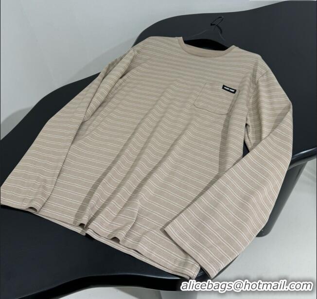 Promotional Miu Miu Striped Cotton Long Sleeve T-Shirt 5052 Khaki 2025 (For Women and Man)