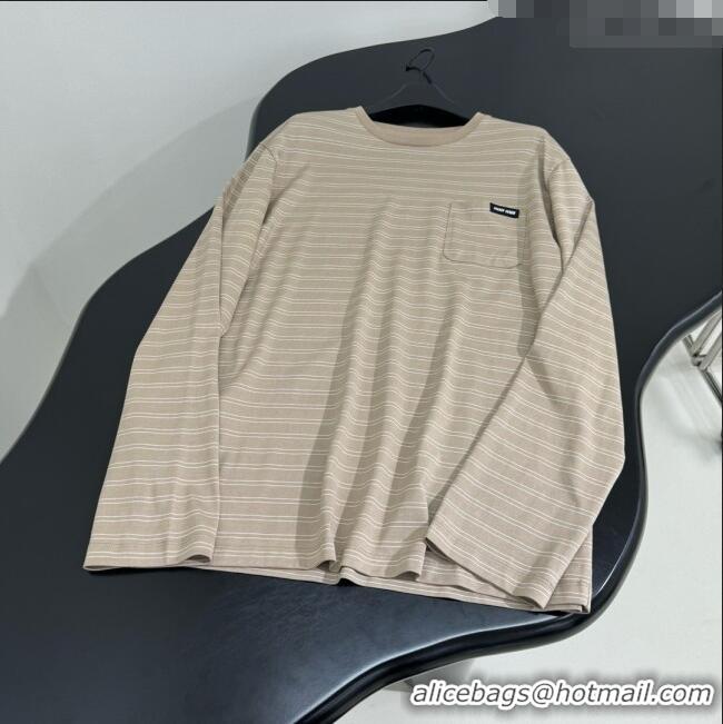 Promotional Miu Miu Striped Cotton Long Sleeve T-Shirt 5052 Khaki 2025 (For Women and Man)