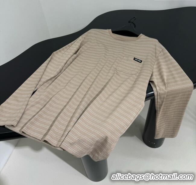 Promotional Miu Miu Striped Cotton Long Sleeve T-Shirt 5052 Khaki 2025 (For Women and Man)