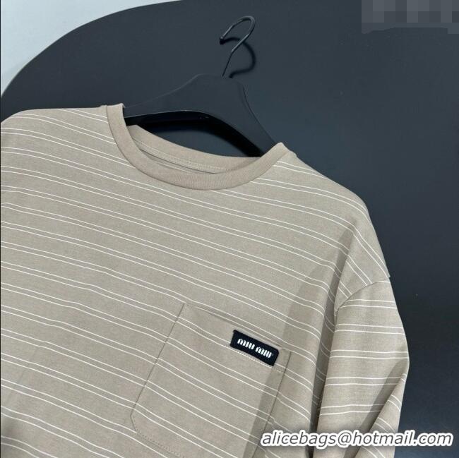 Promotional Miu Miu Striped Cotton Long Sleeve T-Shirt 5052 Khaki 2025 (For Women and Man)