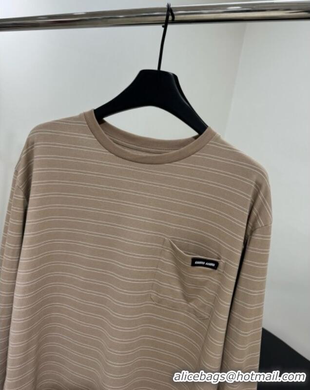 Promotional Miu Miu Striped Cotton Long Sleeve T-Shirt 5052 Khaki 2025 (For Women and Man)