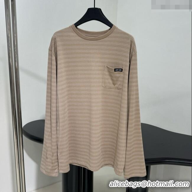 Promotional Miu Miu Striped Cotton Long Sleeve T-Shirt 5052 Khaki 2025 (For Women and Man)