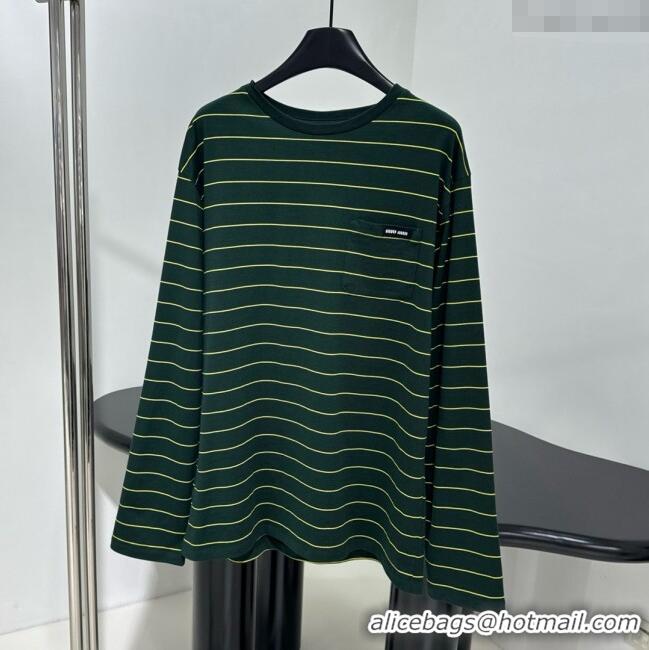 Top Quality Miu Miu Striped Cotton Long Sleeve T-Shirt 5052 Green 2025 (For Women and Man)