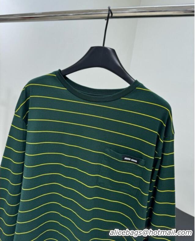 Top Quality Miu Miu Striped Cotton Long Sleeve T-Shirt 5052 Green 2025 (For Women and Man)