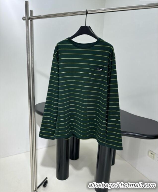 Top Quality Miu Miu Striped Cotton Long Sleeve T-Shirt 5052 Green 2025 (For Women and Man)