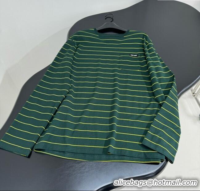 Top Quality Miu Miu Striped Cotton Long Sleeve T-Shirt 5052 Green 2025 (For Women and Man)