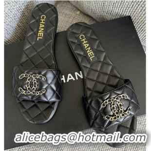 ​Famous Brand Chanel Lambskin Flat Slides Sandal With Chain CC Logo 72205 Black