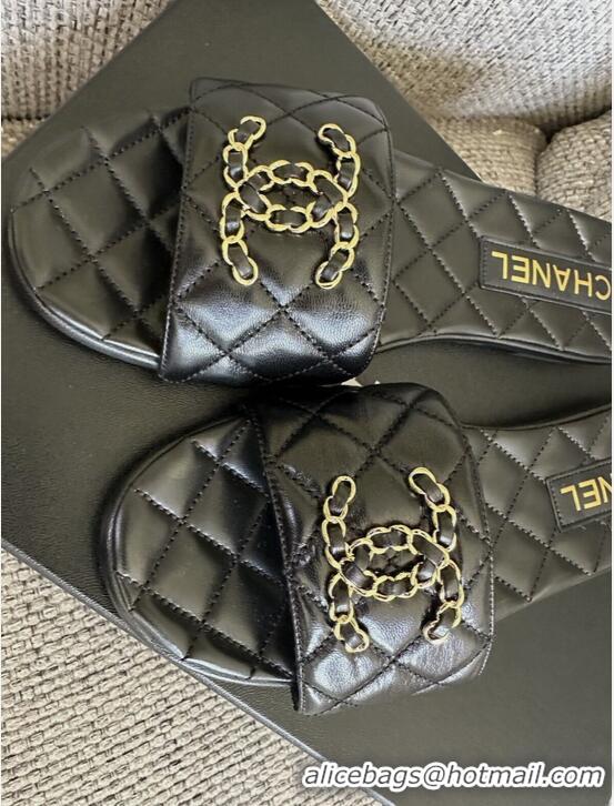 ​Famous Brand Chanel Lambskin Flat Slides Sandal With Chain CC Logo 72205 Black