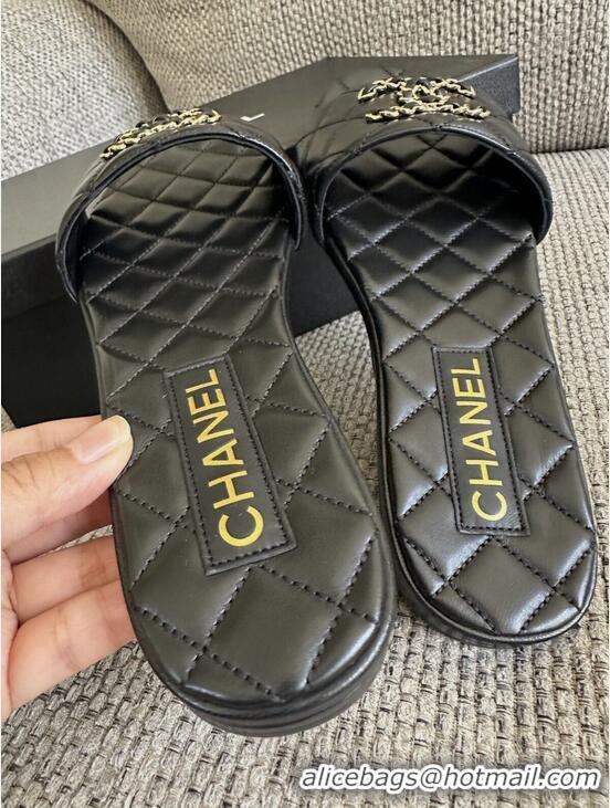 ​Famous Brand Chanel Lambskin Flat Slides Sandal With Chain CC Logo 72205 Black