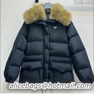 Top Design Prada Nylon Down Jacket with Fur Collar 9009 Black 2024 (For Women and Men)