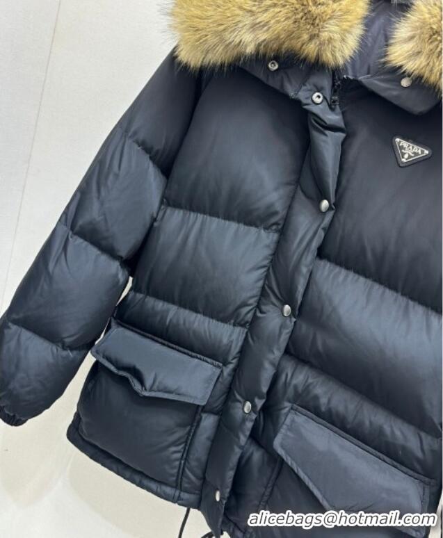 Top Design Prada Nylon Down Jacket with Fur Collar 9009 Black 2024 (For Women and Men)