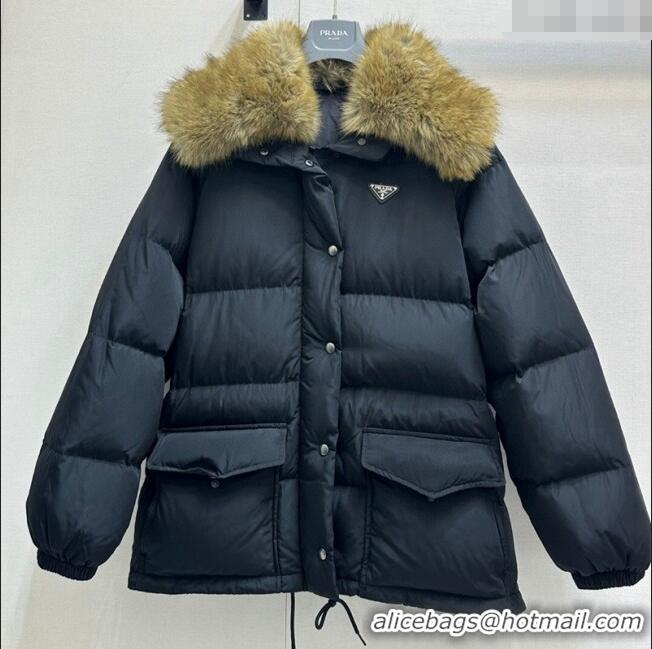 Top Design Prada Nylon Down Jacket with Fur Collar 9009 Black 2024 (For Women and Men)