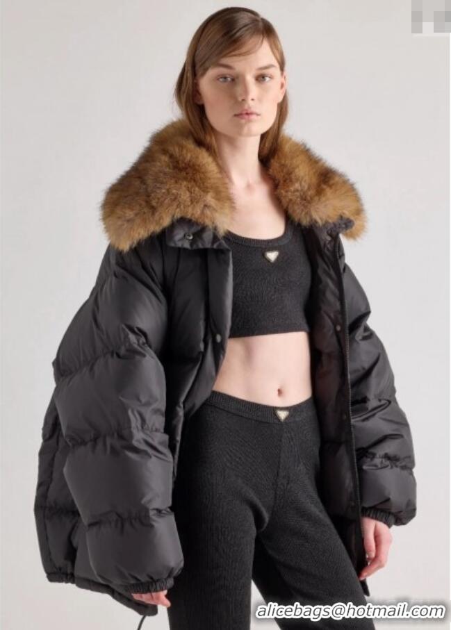 Top Design Prada Nylon Down Jacket with Fur Collar 9009 Black 2024 (For Women and Men)