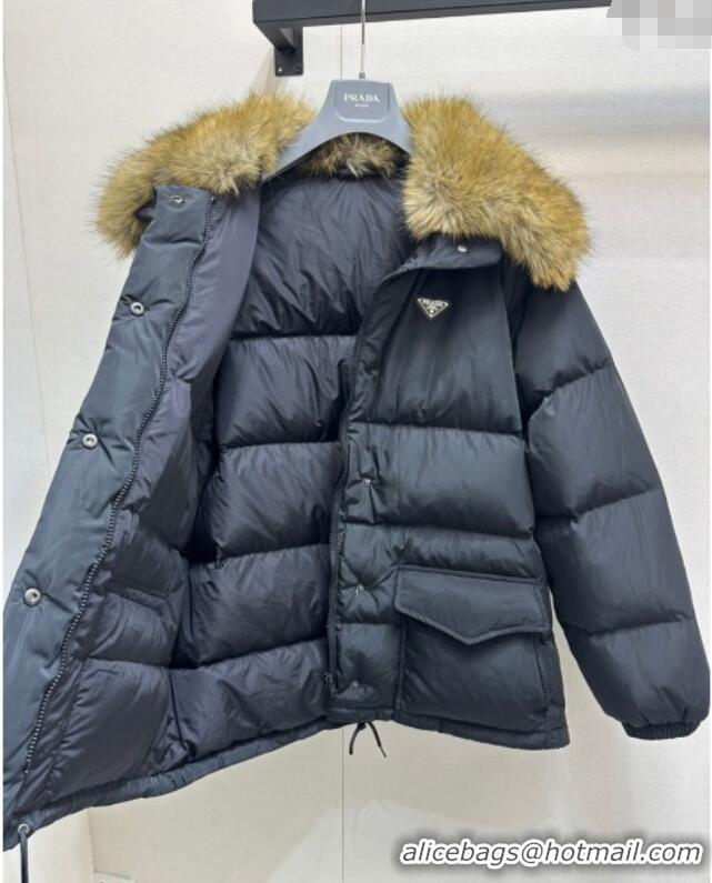 Top Design Prada Nylon Down Jacket with Fur Collar 9009 Black 2024 (For Women and Men)