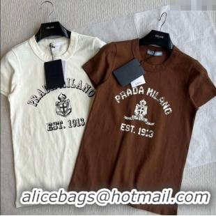 ​Most Popular Prada Cotton T-Shirt 0214 White/Brown 2025