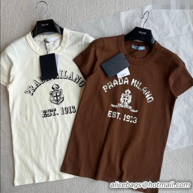 ​Most Popular Prada Cotton T-Shirt 0214 White/Brown 2025