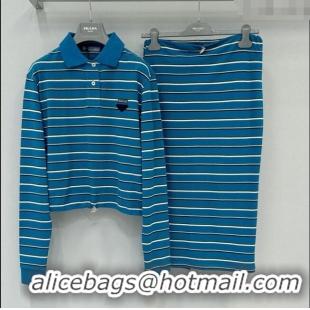 Reasonable Price Top Grade Prada Cotton Striped Polo Shirt and Skirt Set 0215 Blue 2025