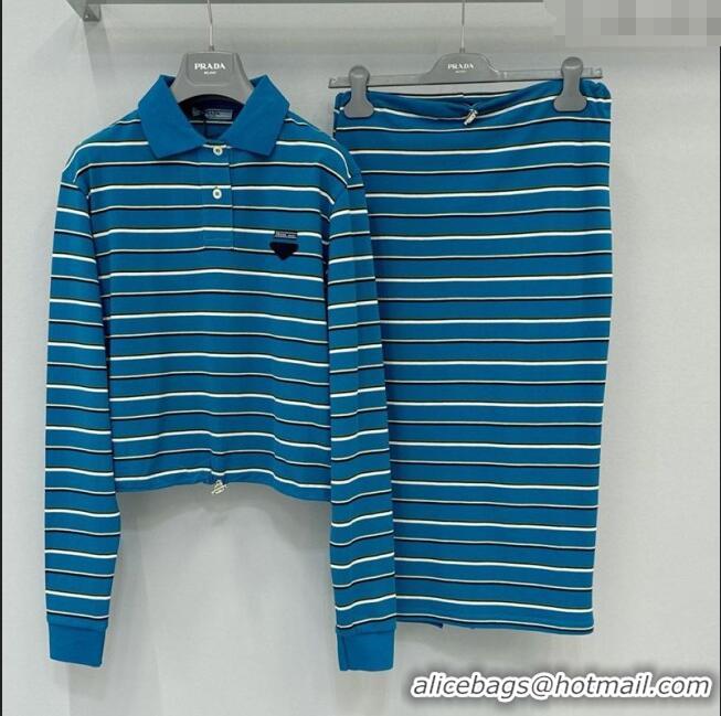 Reasonable Price Top Grade Prada Cotton Striped Polo Shirt and Skirt Set 0215 Blue 2025