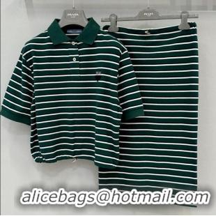 Cheap Design Prada Cotton Striped Polo Shirt and Skirt Set 0215 Green 2025