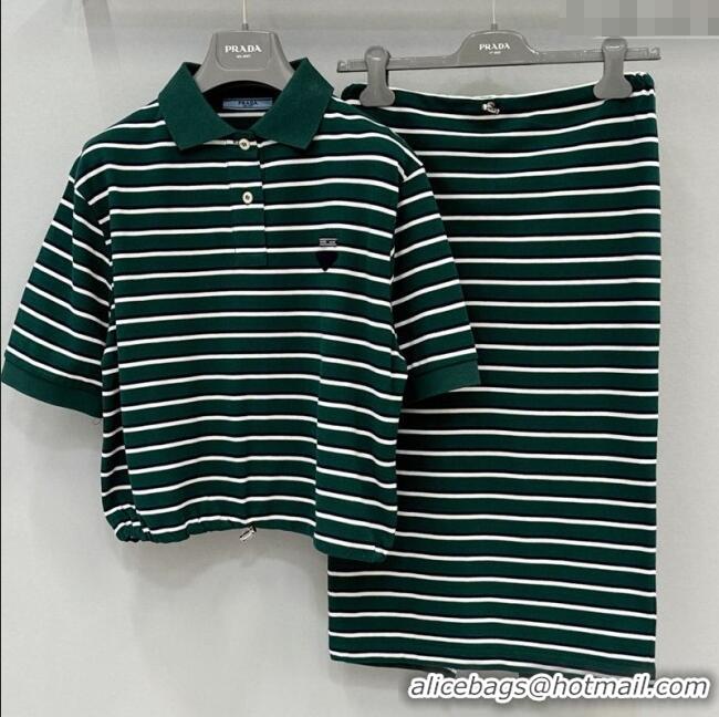 Cheap Design Prada Cotton Striped Polo Shirt and Skirt Set 0215 Green 2025