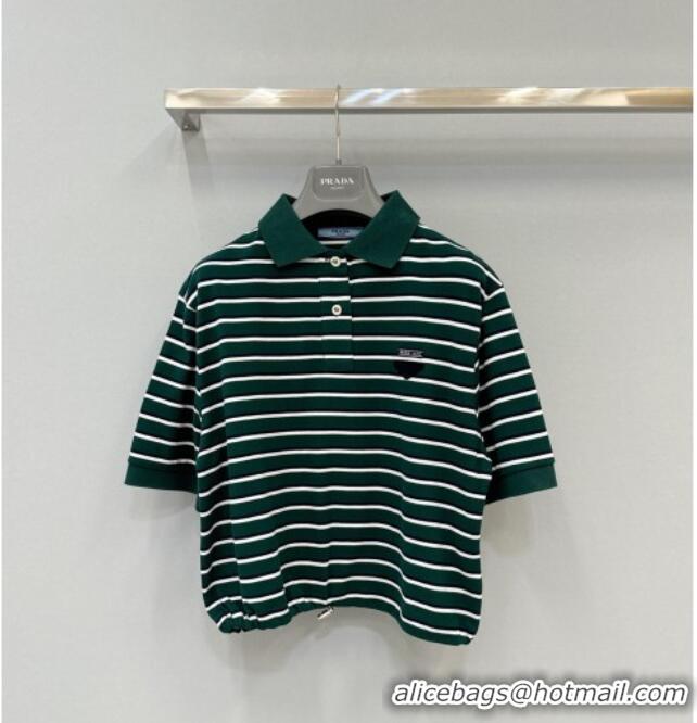 Cheap Design Prada Cotton Striped Polo Shirt and Skirt Set 0215 Green 2025