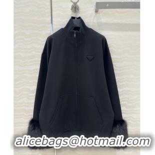 New Design Prada All Black Coat with Fur Charm C030609 2025