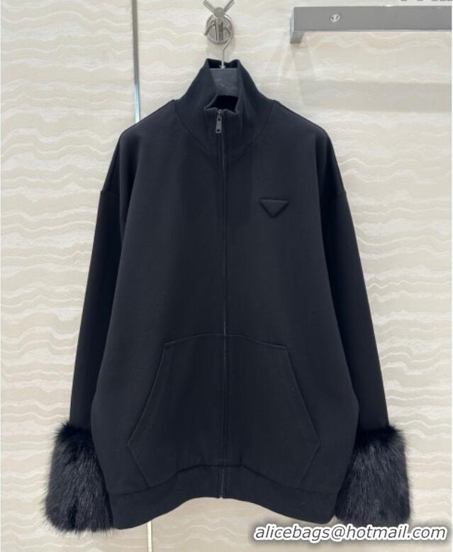 New Design Prada All Black Coat with Fur Charm C030609 2025