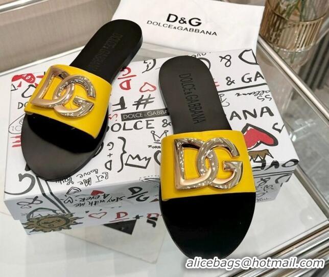 Perfect Dolce & Gabbana DG Calfskin Flat Slides Sandals Yellow 50224035